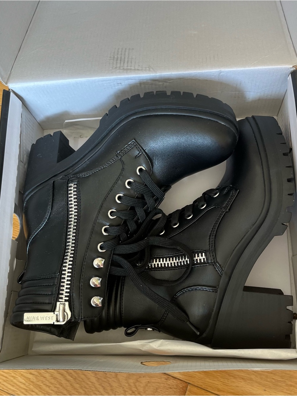 Nine West Black Lace-Up Platform Combat Boots with Silver Hardware - Picture 7 of 7